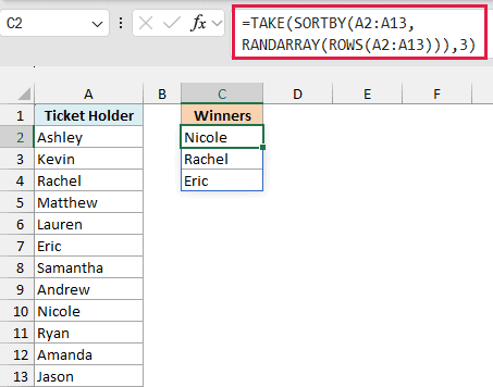 TAKE, SORTBY and RANDARRAY picking three different random raffle winners