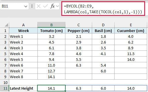 BYCOL with TAKE and TOCOL returning the latest height recorded for each plant