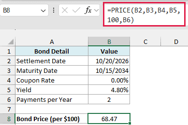 PRICE formula returning the price of a zero-coupon bond