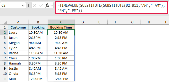 TIMEVALUE and SUBSTITUTE formula fixing times with no space before AM or PM