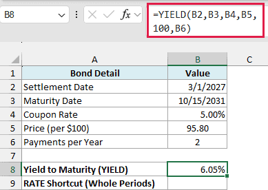 YIELD formula returning the yield to maturity of a bond bought between coupon dates