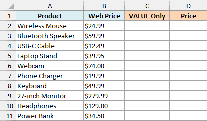 Product prices copied from a website and stored as text in Excel