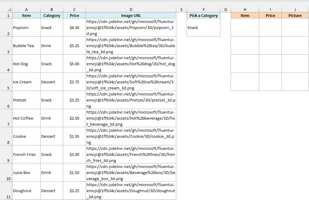 Snack bar menu with category, price and image URL for each item, a Pick a Category drop-down in F2 set to Snack, and an empty result table