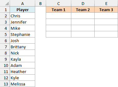 Twelve players with empty Team 1, Team 2 and Team 3 columns