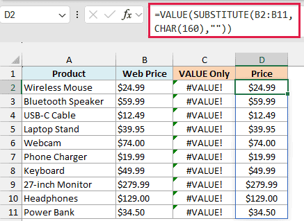 VALUE with SUBSTITUTE and CHAR(160) converting web prices into numbers