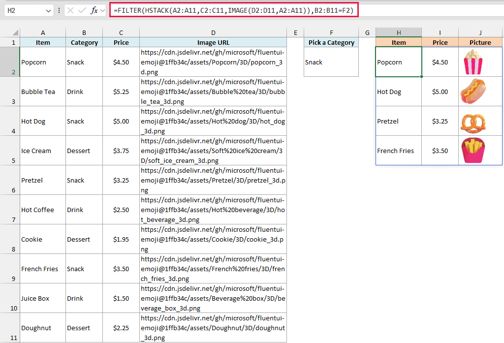 FILTER, HSTACK and IMAGE formula in H2 returns the snack items with their prices and pictures