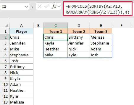 WRAPCOLS, SORTBY and RANDARRAY splitting twelve players into three random teams of four