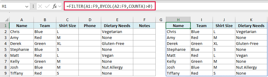 FILTER and BYCOL formula returning the sign-up table without the empty columns