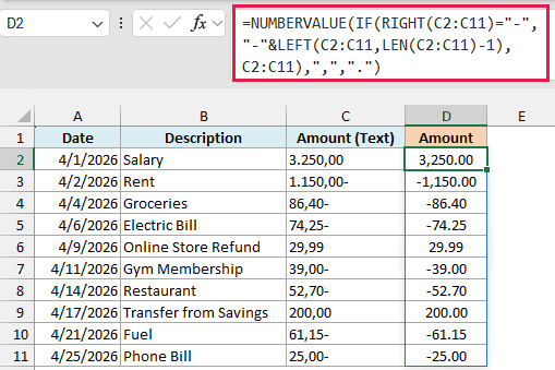 NUMBERVALUE formula converting trailing minus amounts into negative numbers