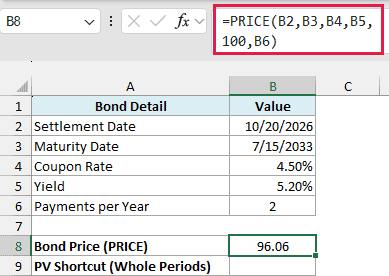 PRICE formula returning the bond price using the actual dates