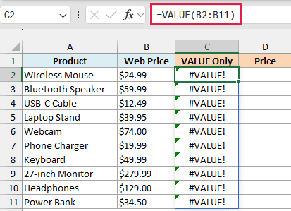 VALUE formula returning #VALUE! errors on web prices that end in a non-breaking space