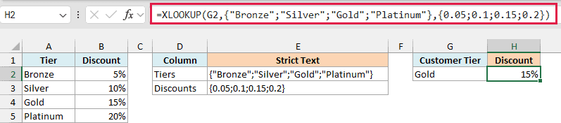 XLOOKUP with the pasted array constants returning the Gold discount