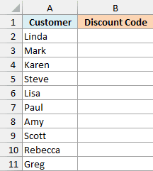 Ten customers with an empty Discount Code column