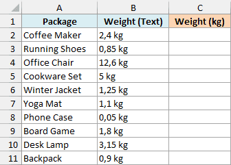 Package weights stored as text with a comma decimal and a kg unit