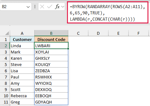 BYROW, CHAR and RANDARRAY creating a random six-letter discount code for each customer