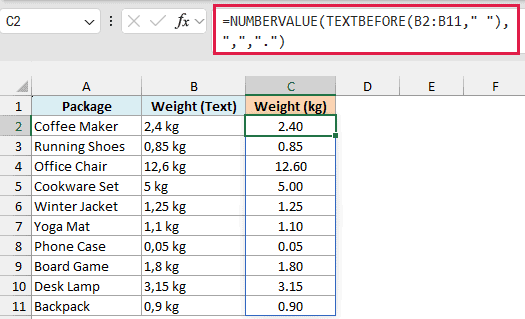TEXTBEFORE and NUMBERVALUE formula extracting weights as numbers