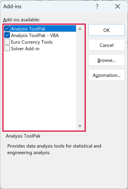 The Add-ins dialog box listing the Excel add-ins you can uncheck