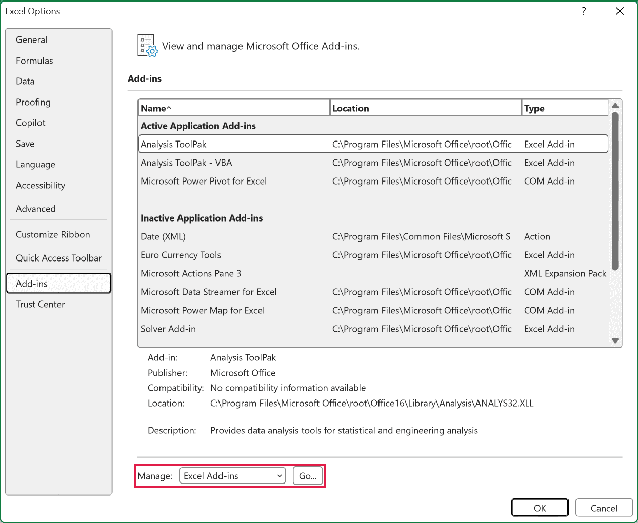 The Add-ins page in Excel Options with the Manage drop-down at the bottom