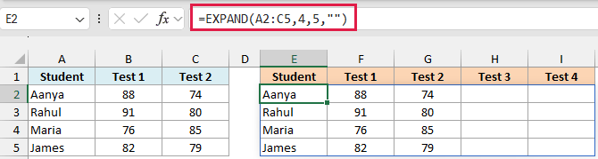Excel formula bar showing EXPAND function expanding a table to 4 rows and 5 columns with empty string padding