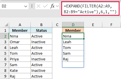 Excel formula bar showing EXPAND and FILTER functions, with result spilling into column D to list active members