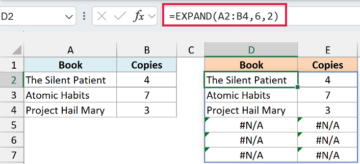 Excel formula =EXPAND(A2:B4,6,2) expanding three book records to six rows and two columns, with #N/A in the three added rows.