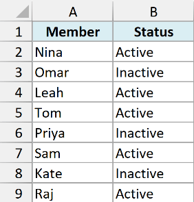 Excel table showing eight members and their Active or Inactive status.