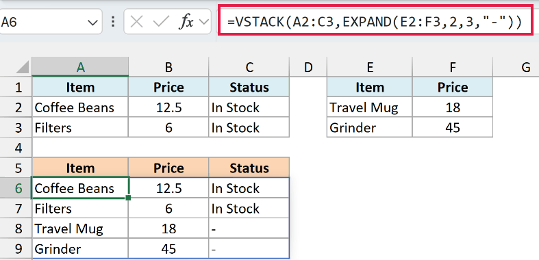 Excel VSTACK and EXPAND formula combining two price lists into four rows and three columns, with dashes in the second list's Status column.
