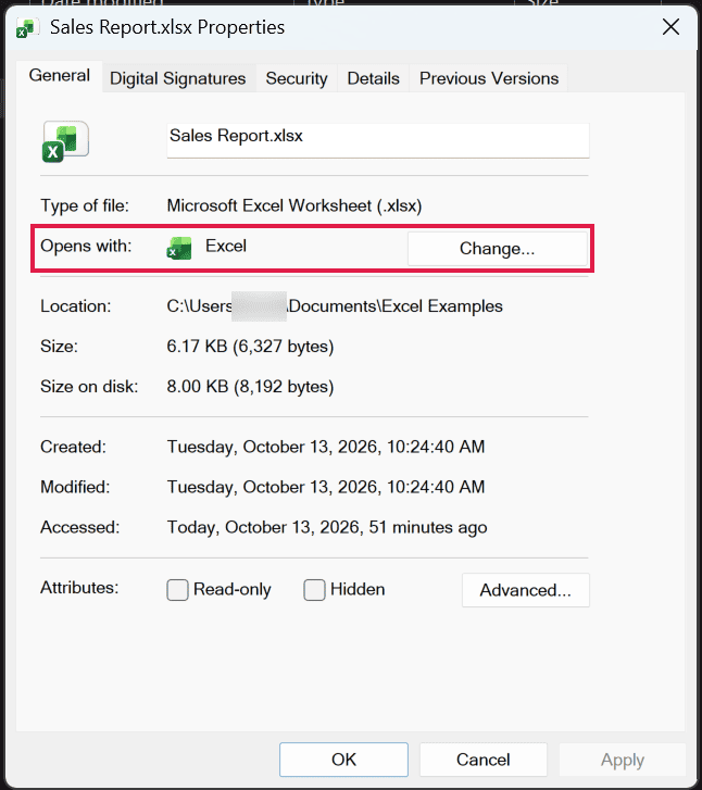 File Properties for an Excel file with the Opens with Change button