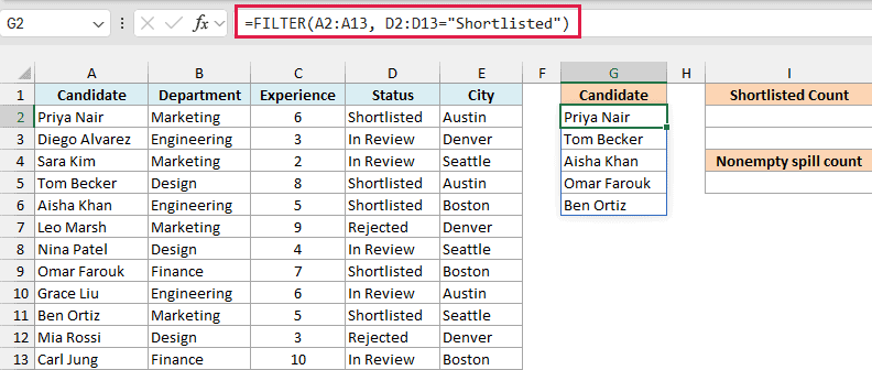 Excel FILTER formula returns five shortlisted names in the spill range starting at G2.
