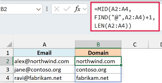 Excel MID and FIND formula using LEN(A2:A4) to extract email domains into column B.