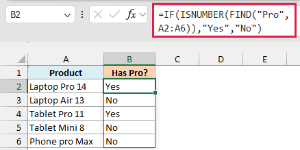B2:B6 show Yes, No, Yes, No, No, with =IF(ISNUMBER(FIND("Pro",A2:A6)),"Yes","No") boxed in red in the formula bar.