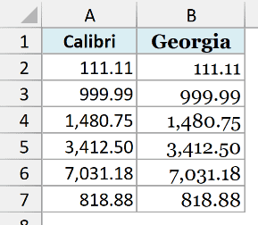 Right-aligned amounts in Excel: decimal points line up in Calibri on the left but not in Georgia on the right.