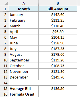 Monthly electricity bills with the average bill in B15 and an empty Formula Used cell