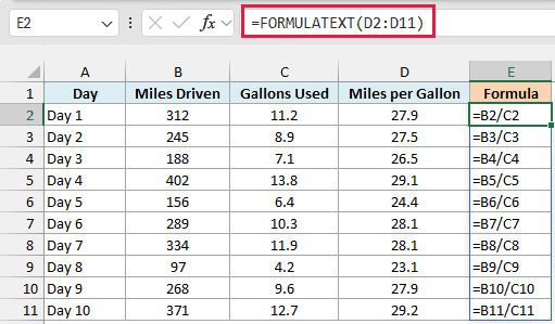 One FORMULATEXT formula spills the miles per gallon formula for every row
