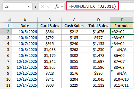 FORMULATEXT shows #N/A for the two totals that were typed in
