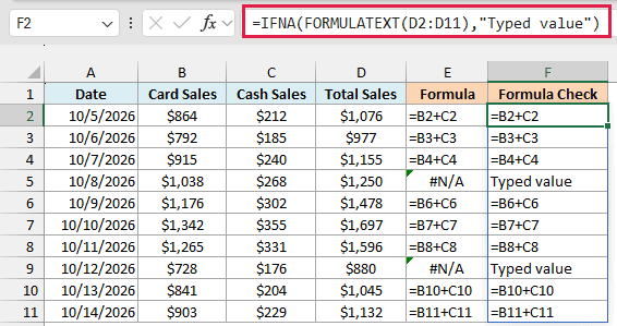 IFNA replaces the #N/A results with the label Typed value