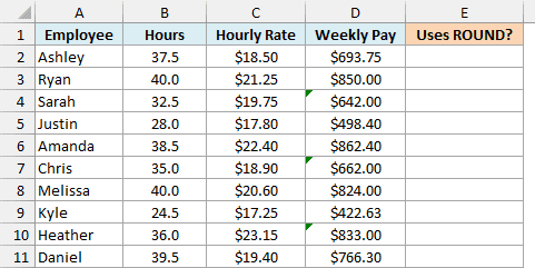 Weekly pay sheet where some pay formulas use ROUND