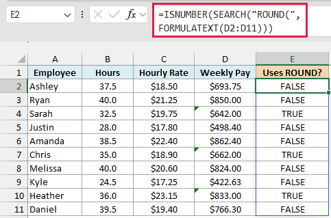 ISNUMBER and SEARCH flag the pay formulas that contain ROUND