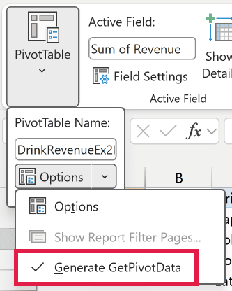 PivotTable Analyze tab with the Options drop-down open and the Generate GetPivotData option highlighted