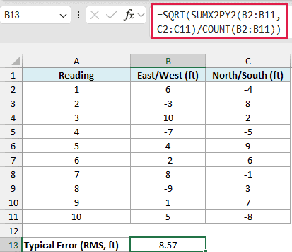The RMS formula in B13 returns a typical GPS error of 8.57 feet.