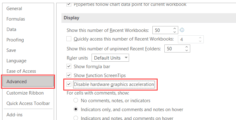 The Disable hardware graphics acceleration option in an older version of Excel