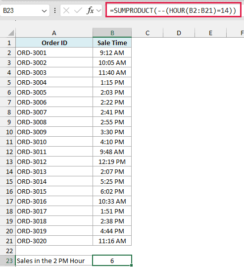 Excel formula bar showing SUMPRODUCT and HOUR functions to count sales occurring in the 2 PM hour from a time list