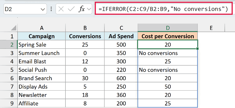 IFERROR formula replacing division errors with a No conversions message