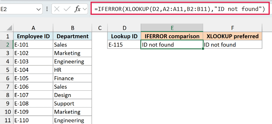 Excel IFERROR formula in E2 and native XLOOKUP formula in F2 both show ID not found for E-115 in D2.