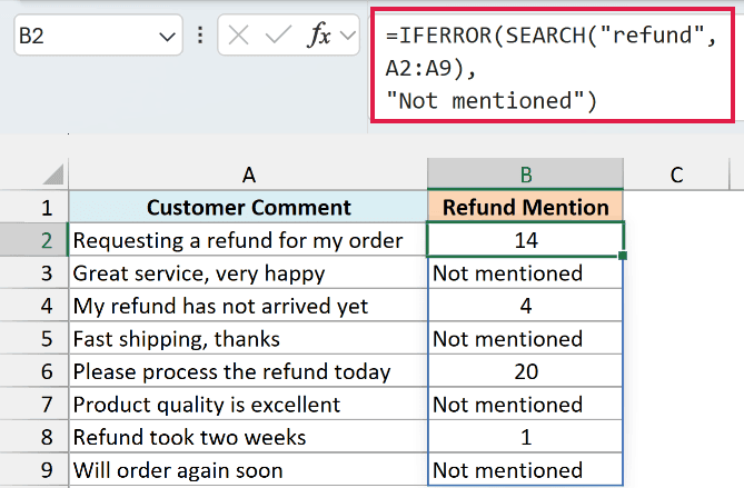 IFERROR around SEARCH showing Not mentioned when the word is absent