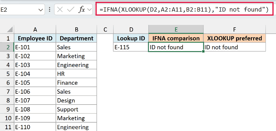Excel IFNA formula in E2 and native XLOOKUP formula in F2 both show ID not found for E-115 in D2.