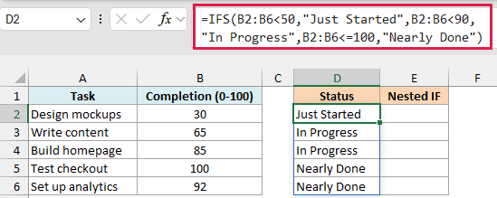 Excel IFS formula spills completion status into D2:D6 from column B values, with the Nested IF column E still empty.