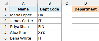 Excel table with Name, Dept Code, and Department columns for IFS function tutorial data