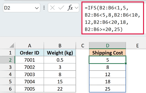 IFS formula assigning a shipping cost based on weight brackets