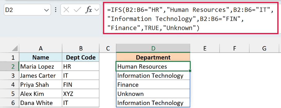 IFS formula with a TRUE catch-all returning Unknown for unmatched codes